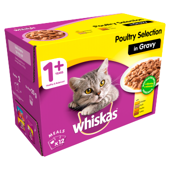 Whiskas Adult 1+ Wet Cat Food Pouches Poultry in Gravy 12 x 100g